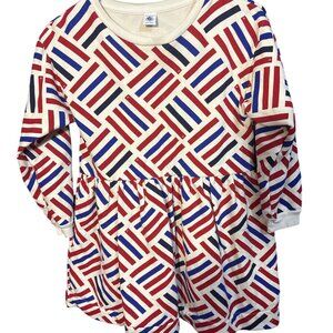 Petit Bateau Girls Long-Sleeve Dress Red/Blue Striped Geometric Print 10 Years